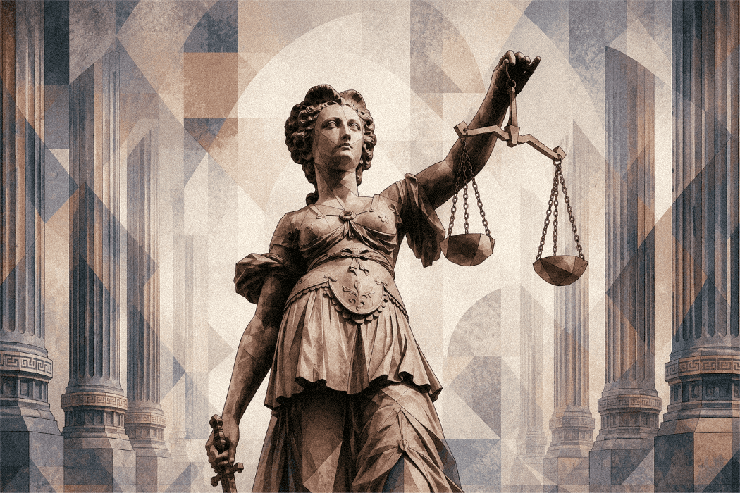 Justitia, oikeudenmukaisuuden jumalatar, vaaka ja miekka käsissään