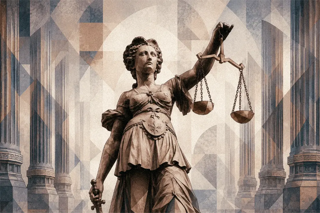 Justitia, oikeudenmukaisuuden jumalatar, vaaka ja miekka käsissään, antiikin pylväiden edessä